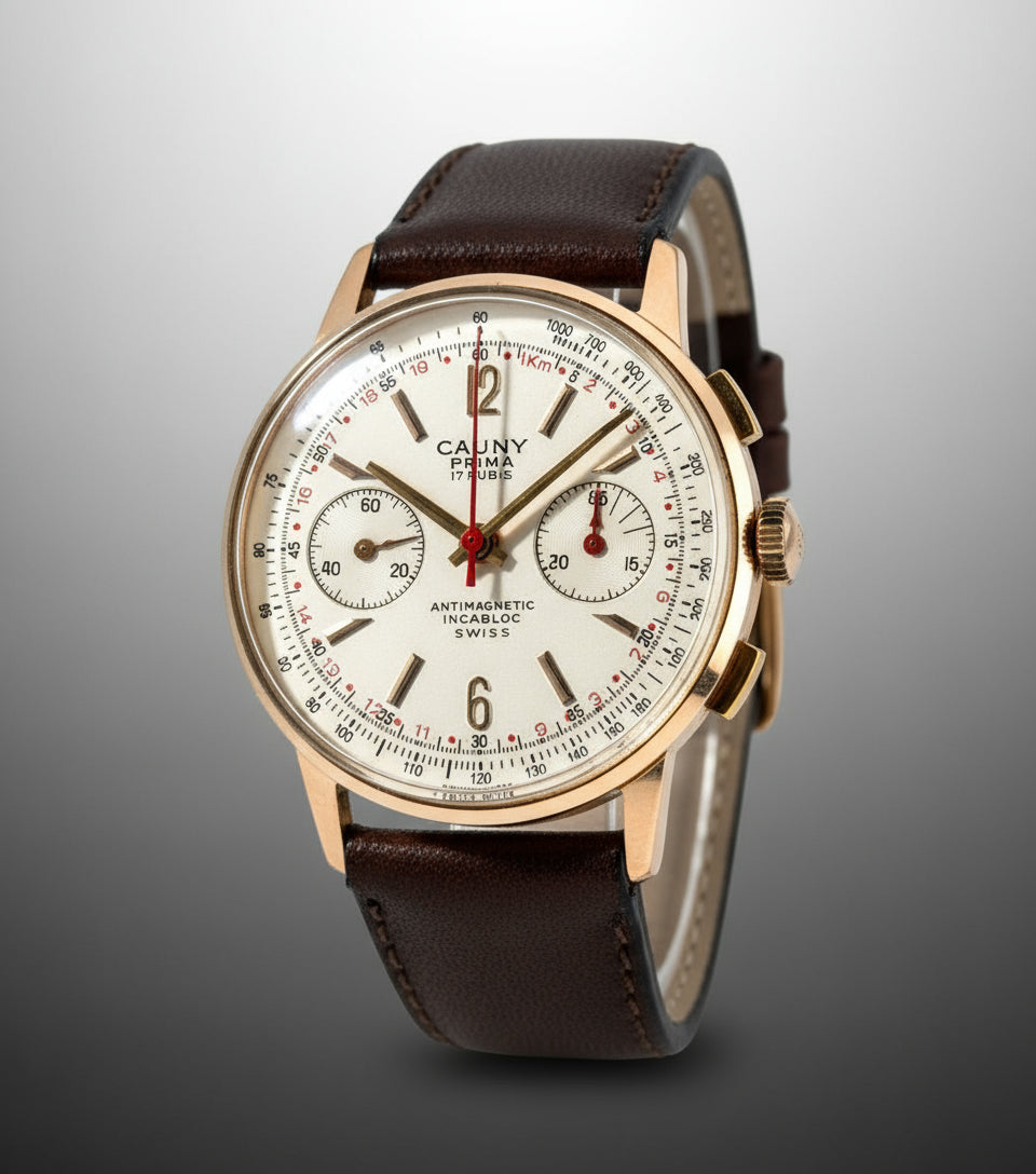 Vintage-style watch with brown leather strap on a white background