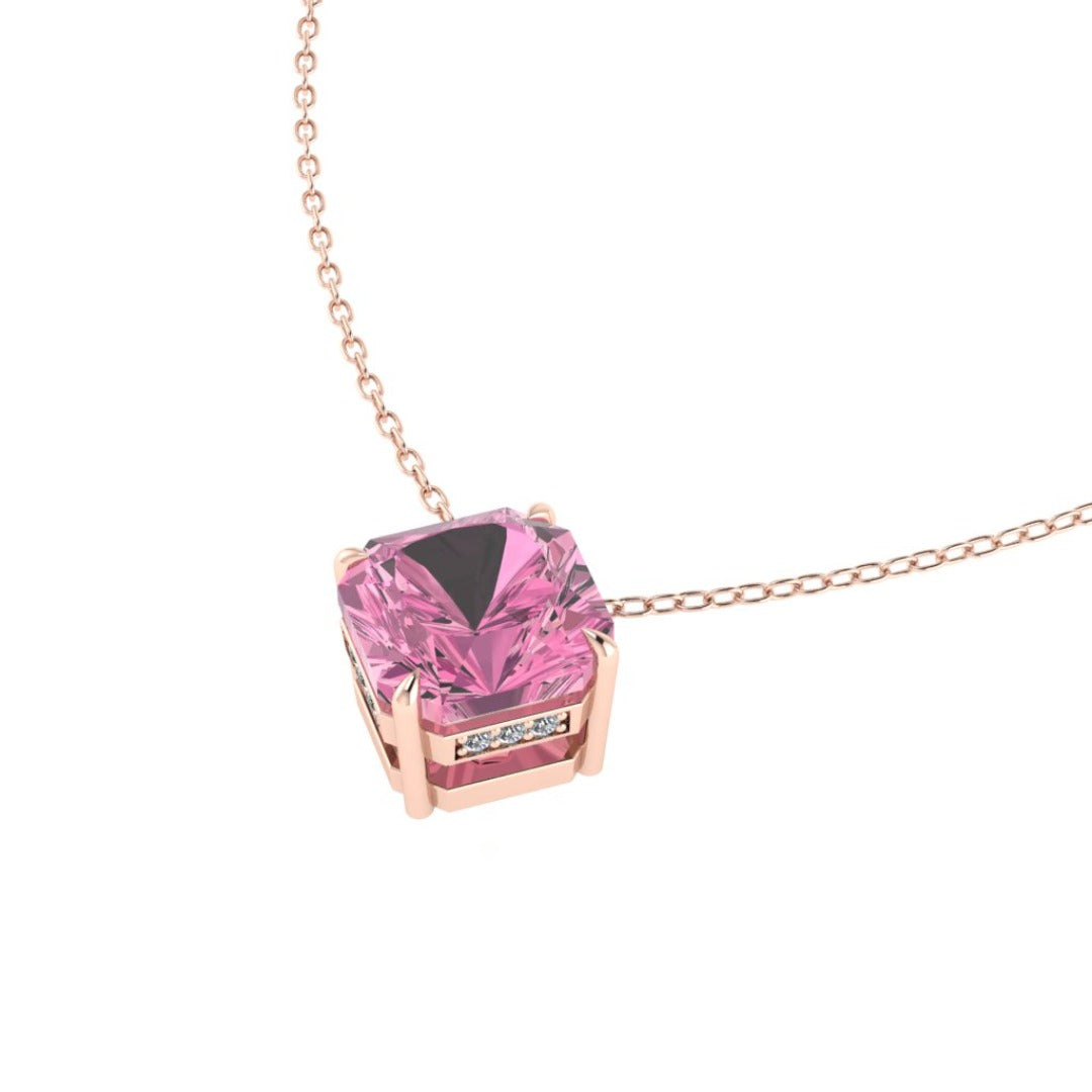 Asscher cut blush pink tourmaline set with a hidden halo of diamonds in an 18ct rose gold pendant Handmade luxury in the UK and Ireland for engagement rings, wedding bands, eternity rings and classic jewellery.