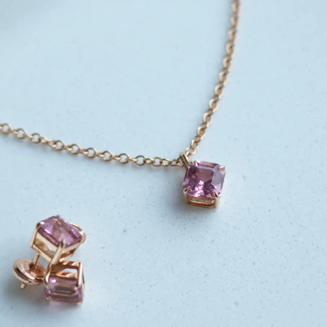 Asscher cut blush pink tourmalines set in an 18ct rose gold stud earrings. Handmade luxury in the UK and Ireland for engagement rings, wedding bands, eternity rings and classic jewellery.