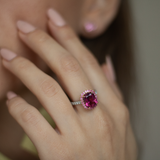 Pink Tourmaline Cushion with Pink Sapphire Halo in Rose Gold and Diamond Set Platinum Band. Handmade luxury in the UK and Ireland for engagement rings, wedding bands, eternity rings and classic jewellery.