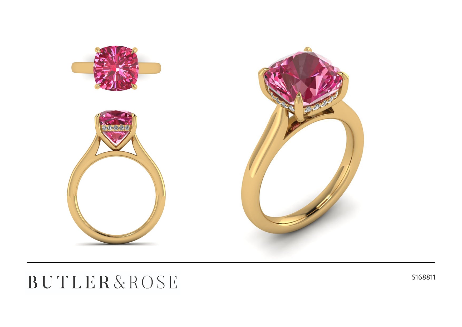 Cushion cut pink tourmaline set with a hidden halo in 18ct rose gold. Handmade luxury in the UK and Ireland for engagement rings, wedding bands, eternity rings and classic jewellery.