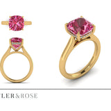 Cushion cut pink tourmaline set with a hidden halo in 18ct rose gold. Handmade luxury in the UK and Ireland for engagement rings, wedding bands, eternity rings and classic jewellery.