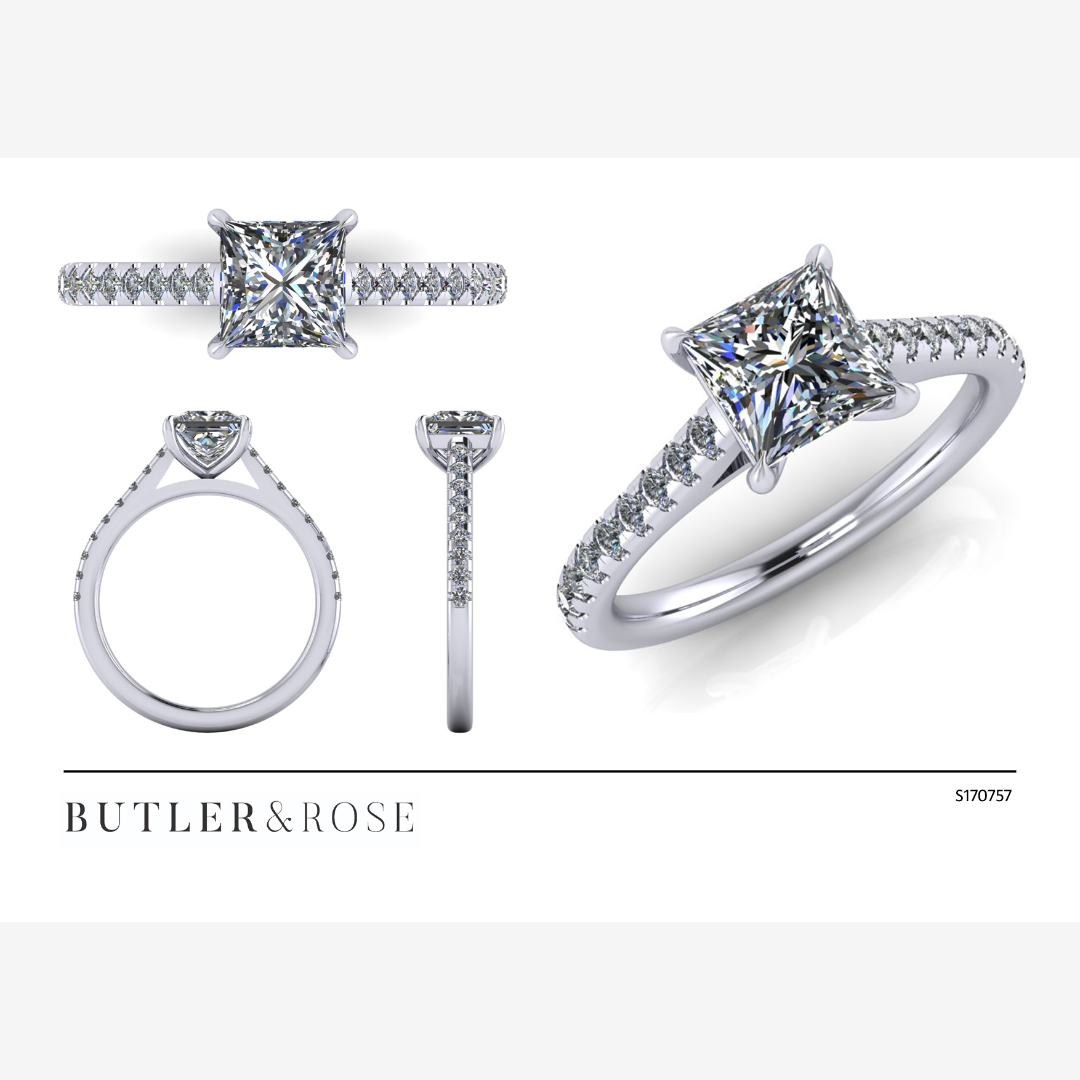 Princess cut diamond with a diamond set band, and platinum claws. Handmade luxury in the UK and Ireland for engagement rings, wedding bands, eternity rings and classic jewellery.Princess cut diamond with a diamond set band, and platinum claws. Handmade luxury in the UK and Ireland for engagement rings, wedding bands, eternity rings and classic jewellery.