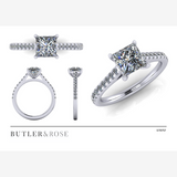 Princess cut diamond with a diamond set band, and platinum claws. Handmade luxury in the UK and Ireland for engagement rings, wedding bands, eternity rings and classic jewellery.Princess cut diamond with a diamond set band, and platinum claws. Handmade luxury in the UK and Ireland for engagement rings, wedding bands, eternity rings and classic jewellery.