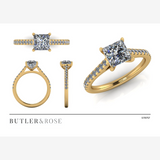 Princess cut diamond with a diamond set band, and platinum claws. Handmade luxury in the UK and Ireland for engagement rings, wedding bands, eternity rings and classic jewellery.