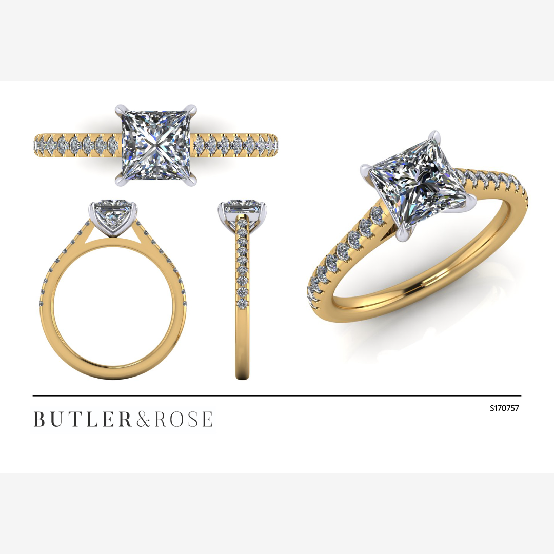 Princess cut diamond with a diamond set band, and platinum claws. Handmade luxury in the UK and Ireland for engagement rings, wedding bands, eternity rings and classic jewellery.