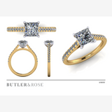 Princess cut diamond with a diamond set band, and platinum claws. Handmade luxury in the UK and Ireland for engagement rings, wedding bands, eternity rings and classic jewellery.