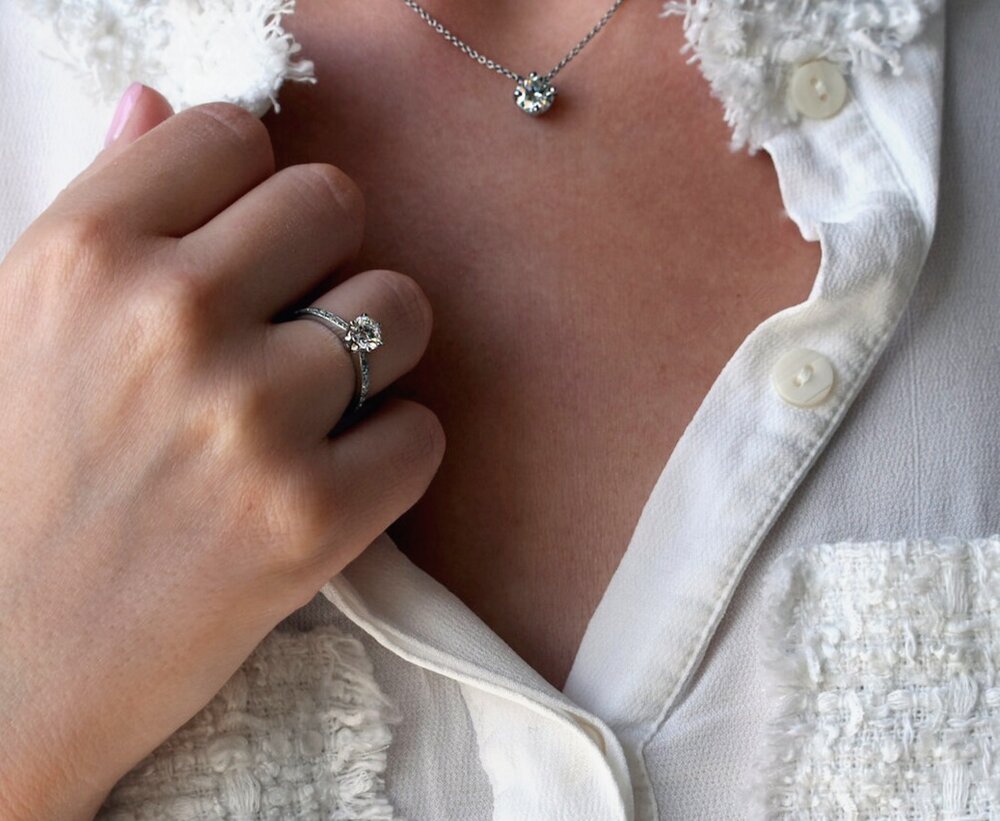 Diamond solitaire and pendant featuring a classic design and platinum settings for bridalwear in Dublin, London, Manchester, Ireland and the UK. Fine jewellery, engagement and wedding rings, Bridal luxury, Irish and British craftsmanship
