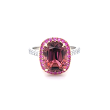 Pink Tourmaline Cushion with Pink Sapphire Halo in Rose Gold and Diamond Set Platinum Band. Handmade luxury in the UK and Ireland for engagement rings, wedding bands, eternity rings and classic jewellery.