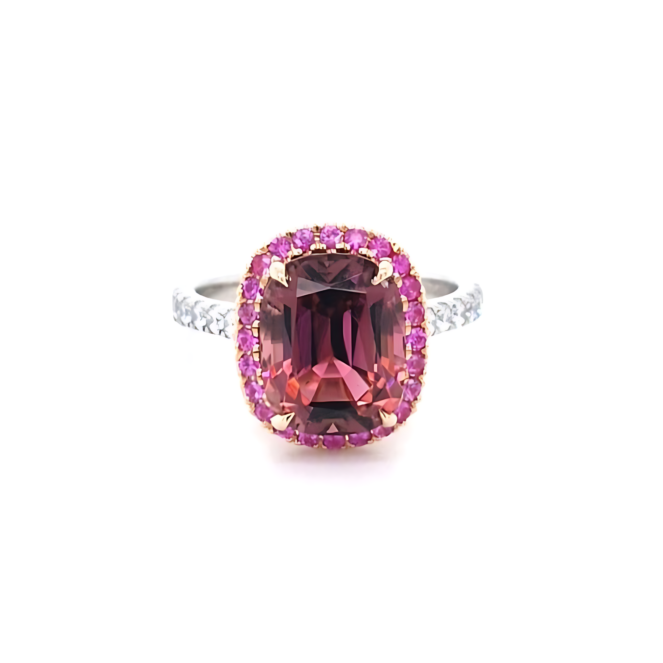 Pink Tourmaline Cushion with Pink Sapphire Halo in Rose Gold and Diamond Set Platinum Band. Handmade luxury in the UK and Ireland for engagement rings, wedding bands, eternity rings and classic jewellery.
