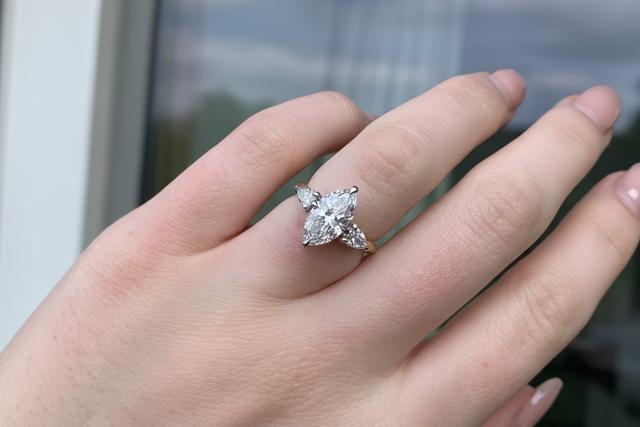 Marquise diamond with pear shoulders on a n18ct yellow gold band handmade bespoke in Ireland and the K for engagement rings or special occasions