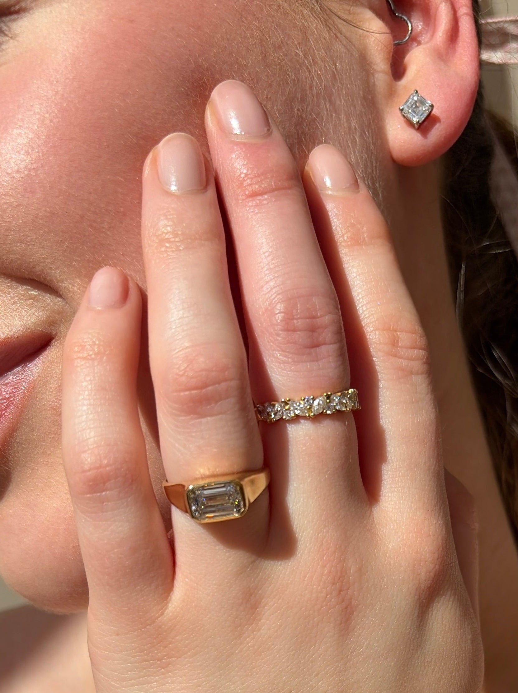 Butler and rose jewellers, irish, dublin based jewellers. Asscher cut diamond earrings, lab and natural diamond. Set in platinum.