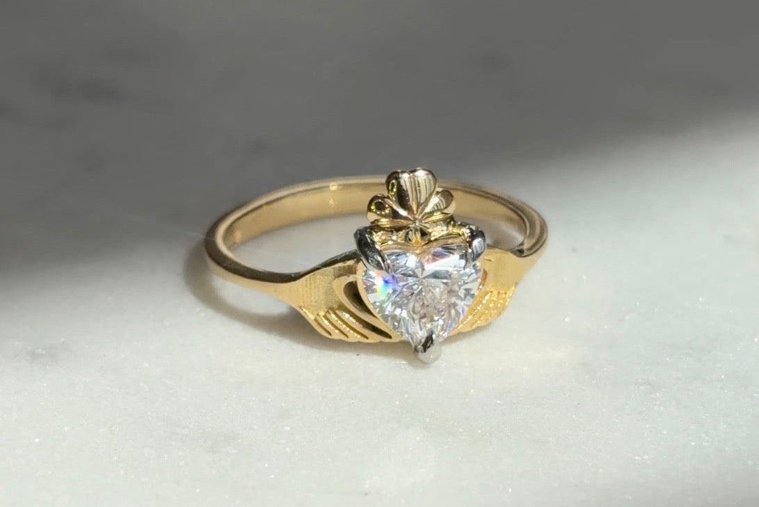 18k Gold Claddagh ring, with a diamond heart and shamrock crown