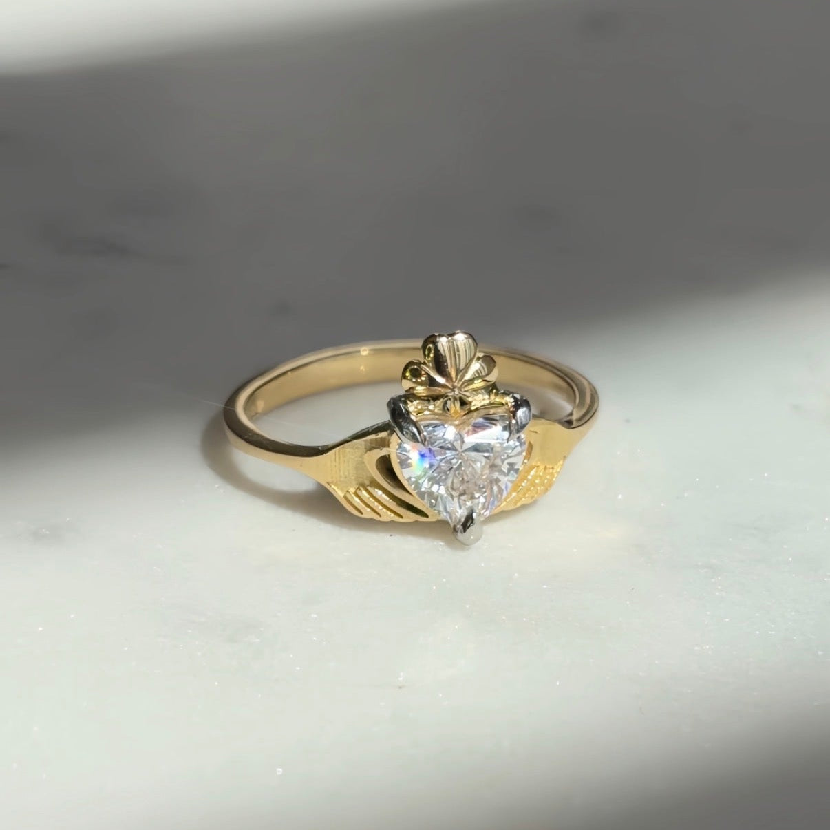 18k Gold Claddagh ring, with a diamond heart and shamrock crown