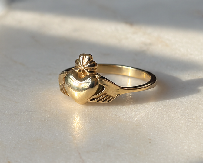 The Butler&Rose Claddagh Ring, in solid gold. 9ct yellow gold claddagh ring, with  shamrock crown.