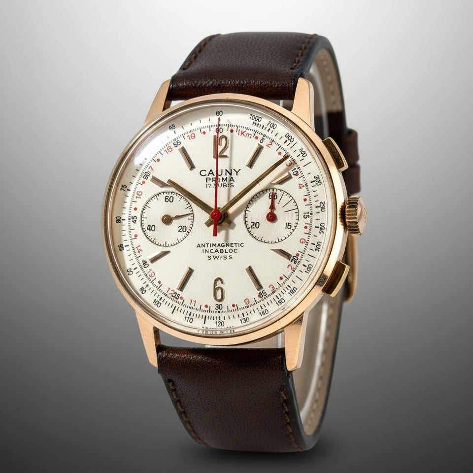 Vintage-style watch with brown leather strap on a white background