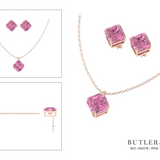 Asscher cut blush pink tourmalines set in  an 18ct rose gold stud earrings. Handmade luxury in the UK and Ireland for engagement rings, wedding bands, eternity rings and classic jewellery.