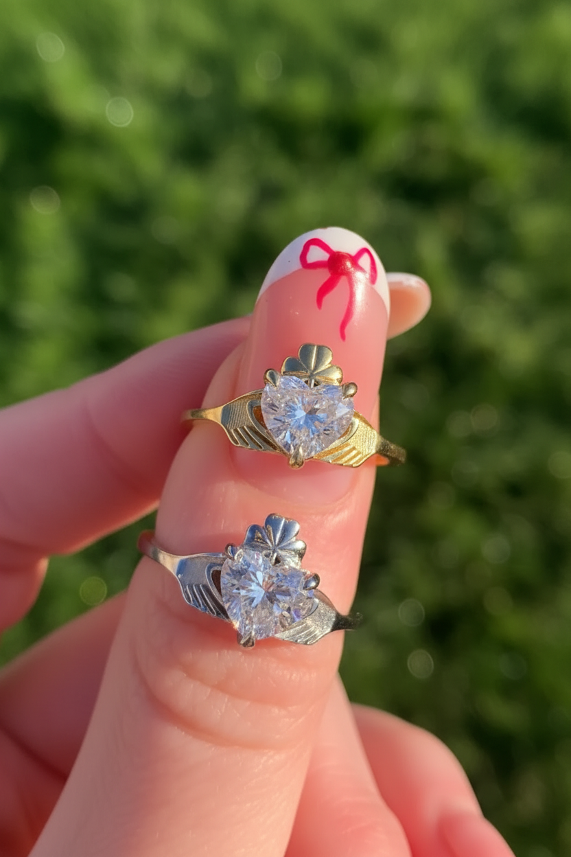 Two claddagh rings with diamond hearts and shamrock crowns. Modern desisgns of Claddagh ring. Two rings shown on on finger, in 18ct gold and platinum.