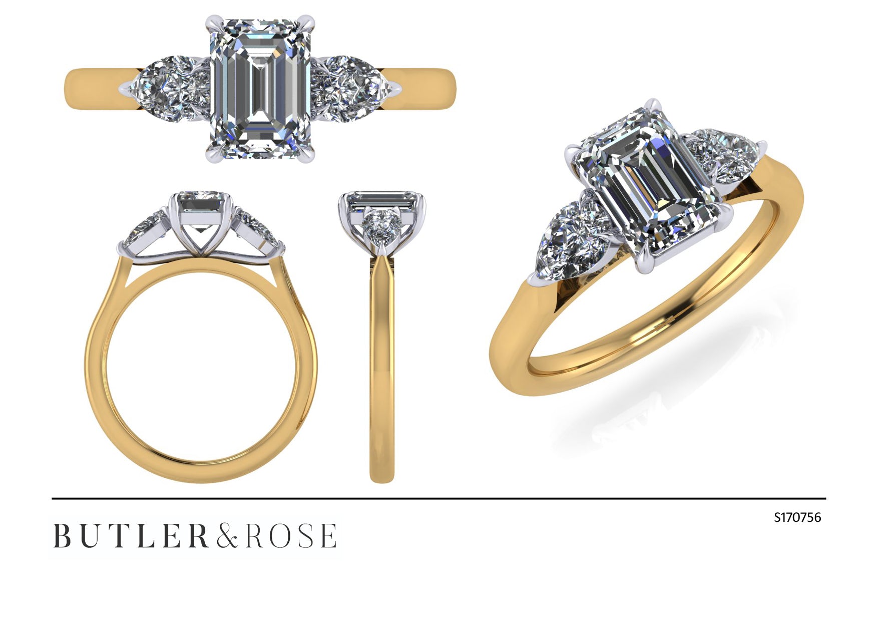 Emerald cut diamond with pear cut diamond shoulders and platinum claws and an 18ct yellow gold band. Handmade luxury in the UK and Ireland for engagement rings, wedding bands, eternity rings and classic jewellery.