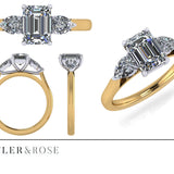 Emerald cut diamond with pear cut diamond shoulders and platinum claws and an 18ct yellow gold band. Handmade luxury in the UK and Ireland for engagement rings, wedding bands, eternity rings and classic jewellery.
