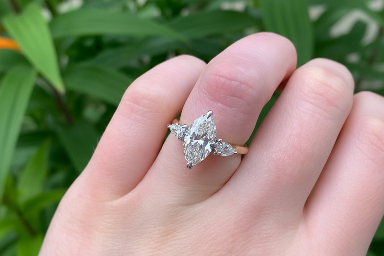 Marquise diamond with pear shoulders on a n18ct yellow gold band handmade bespoke in Ireland and the K for engagement rings or special occasions