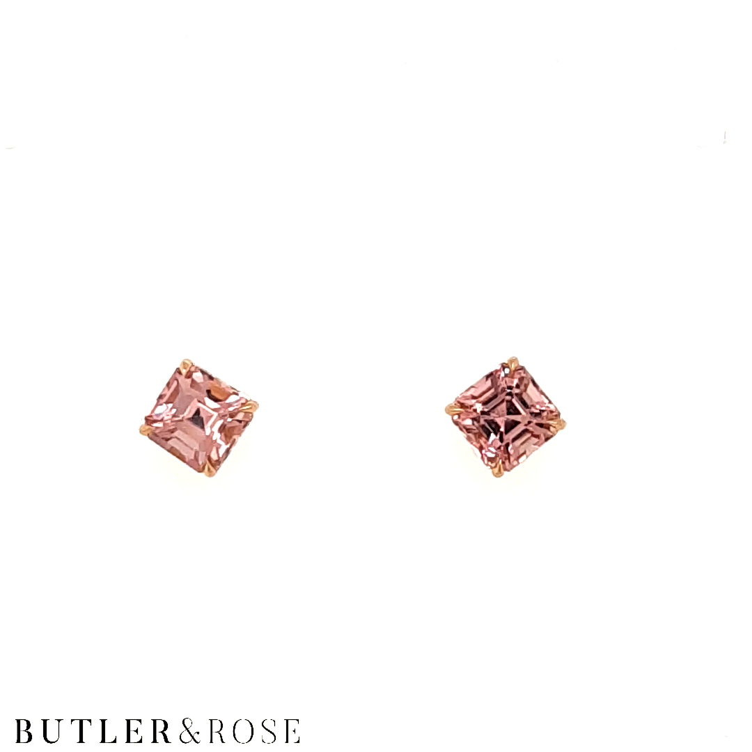 Asscher cut blush pink tourmalines set in  an 18ct rose gold stud earrings. Handmade luxury in the UK and Ireland for engagement rings, wedding bands, eternity rings and classic jewellery.