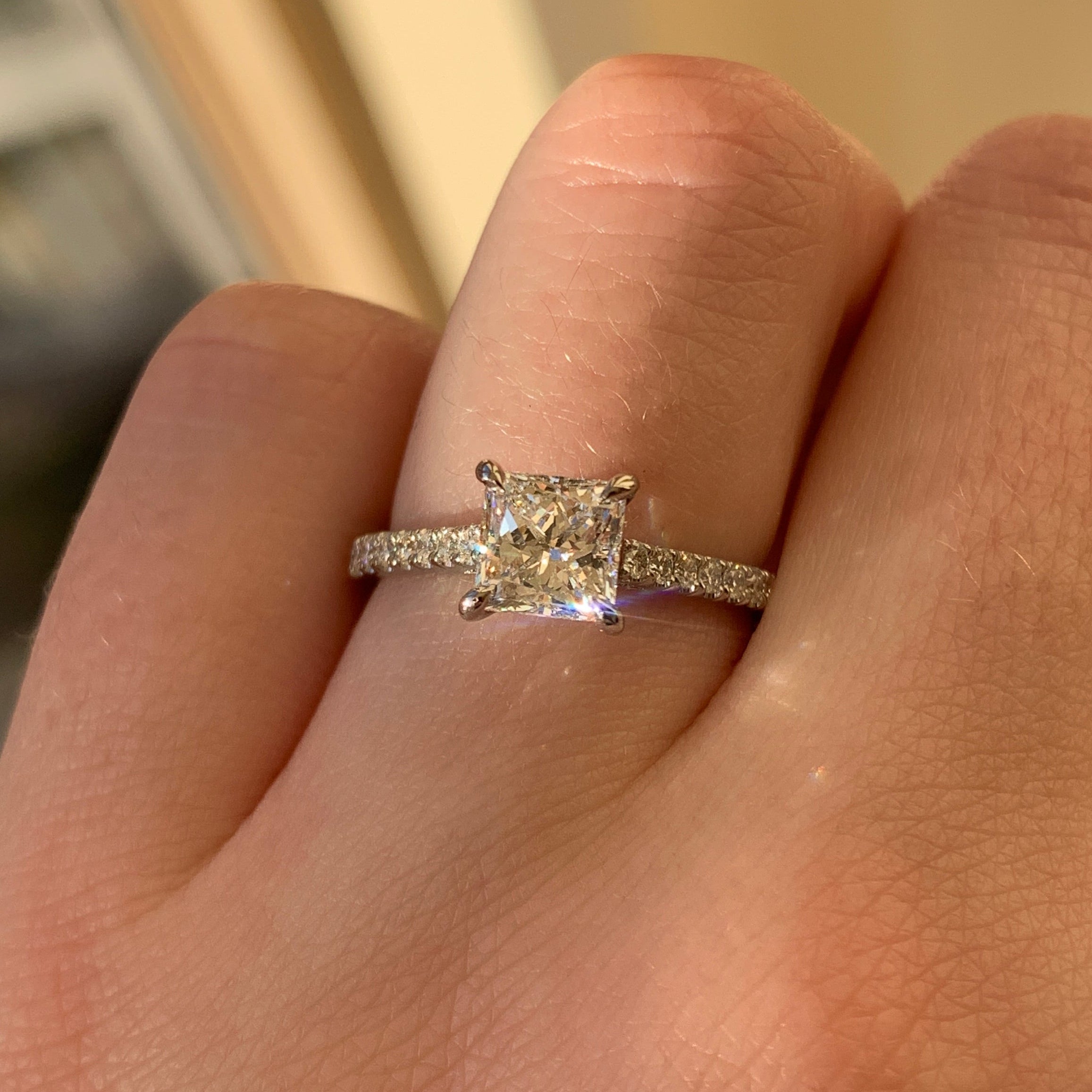 Dublin made engagement ring, platinum diamond pave band, princess cut diamond