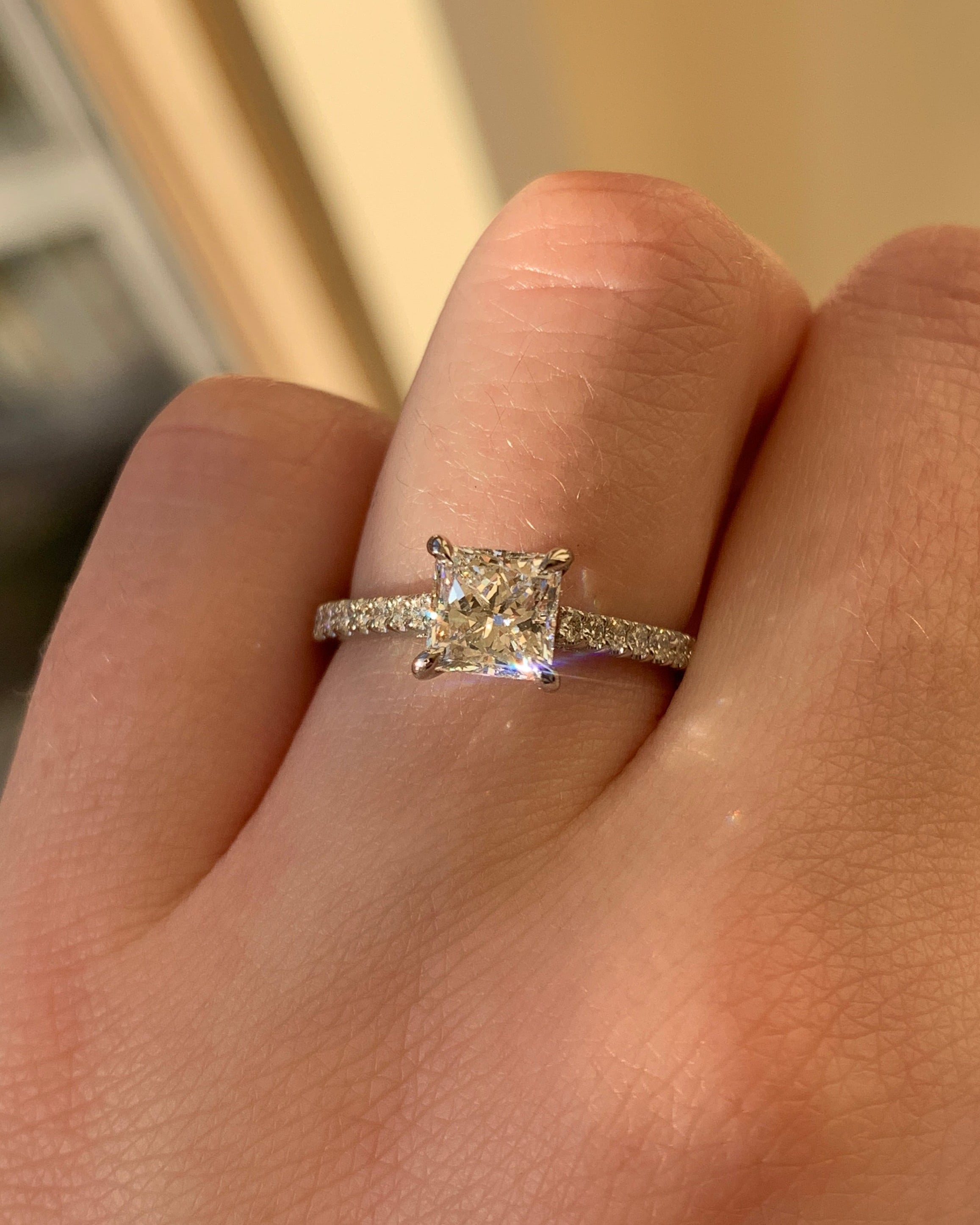 Dublin made engagement ring, platinum diamond pave band, princess cut diamond