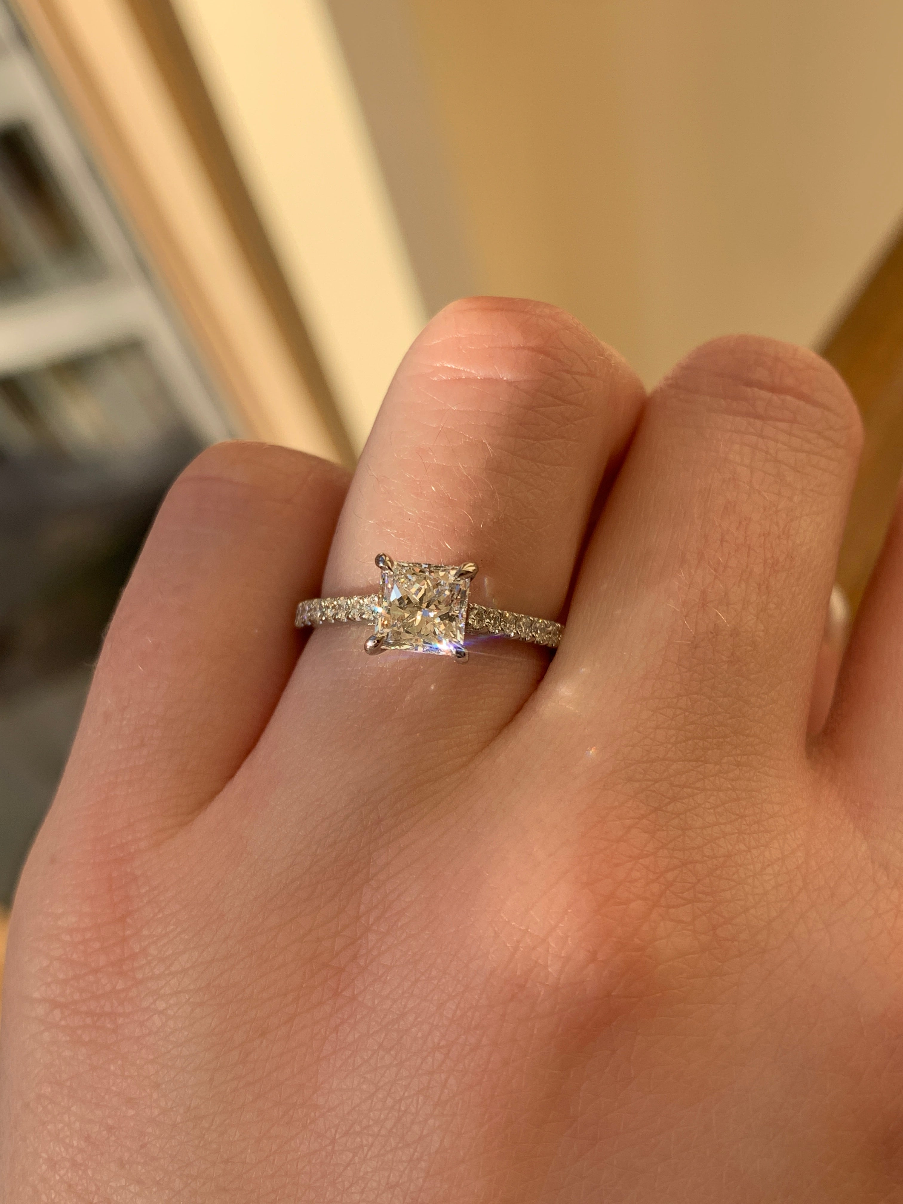 Dublin made engagement ring, platinum diamond pave band, princess cut diamond
