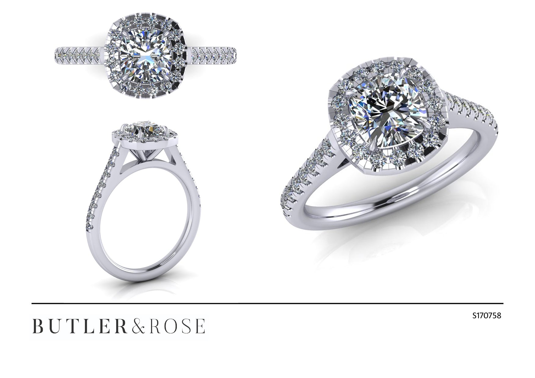Cushion cut diamond set with a diamond halo and diamond shoulders in platinum. Handmade luxury in the UK and Ireland for engagement rings, wedding bands, eternity rings and classic jewellery.