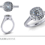 Cushion cut diamond set with a diamond halo and diamond shoulders in platinum. Handmade luxury in the UK and Ireland for engagement rings, wedding bands, eternity rings and classic jewellery.