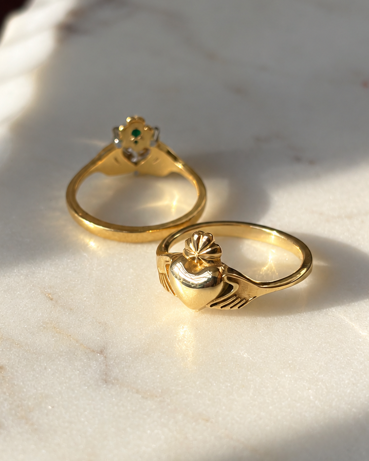 The Butler&Rose Claddagh Ring, in solid gold. 9ct yellow gold claddagh ring, with  shamrock crown.