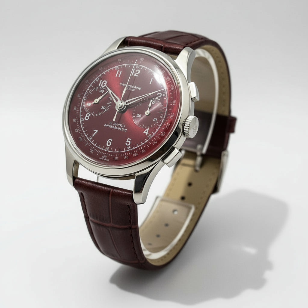 Wristwatch with brown leather strap and dark brown dial on a light background
