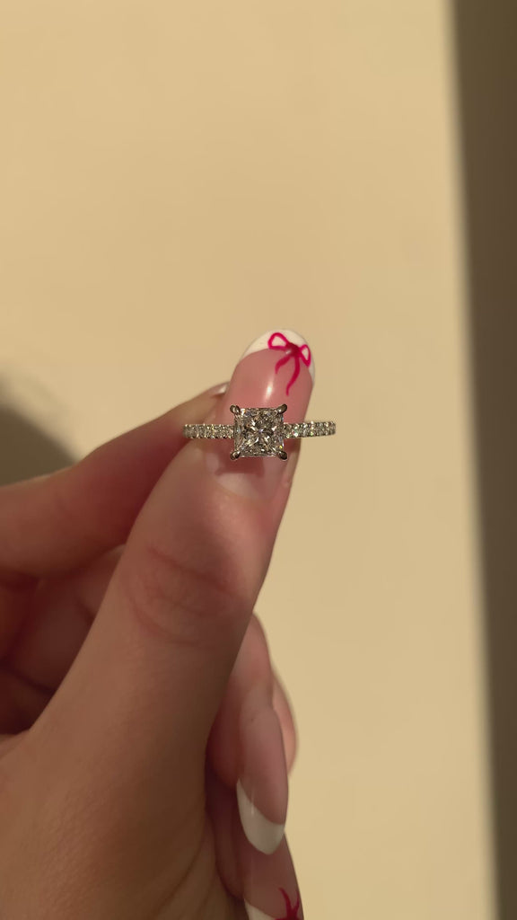 Princess cut diamond engagement ring, diamond pave band set in platinuum. Made in Dublin, Butler & Rose engagement ring.