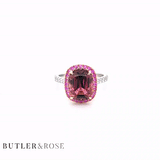4.44cts Pink Tourmaline Royal Ring. Pink Tourmaline Cushion with Pink Sapphire Halo in Rose Gold and Diamond Set Platinum Band. Handmade luxury in the UK and Ireland for engagement rings, wedding bands, eternity rings and classic jewellery.