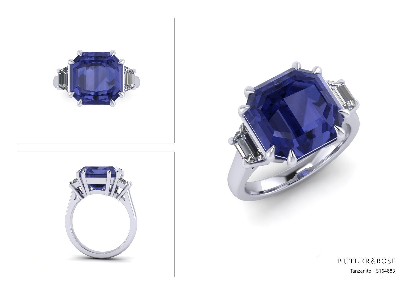 Asscher cut peacock blue tanzanite set with trapezoid cut diamond  shoulders in platinum. Handmade luxury in the UK and Ireland for engagement rings, wedding bands, eternity rings and classic jewellery.