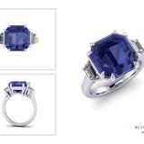 Asscher cut peacock blue tanzanite set with trapezoid cut diamond  shoulders in platinum. Handmade luxury in the UK and Ireland for engagement rings, wedding bands, eternity rings and classic jewellery.