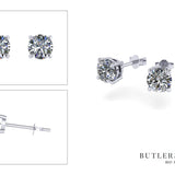 Round Brilliant Cut Diamond studs in platinum with talon claws. Handmade luxury in the UK and Ireland for engagement rings, wedding bands, eternity rings and classic jewellery.