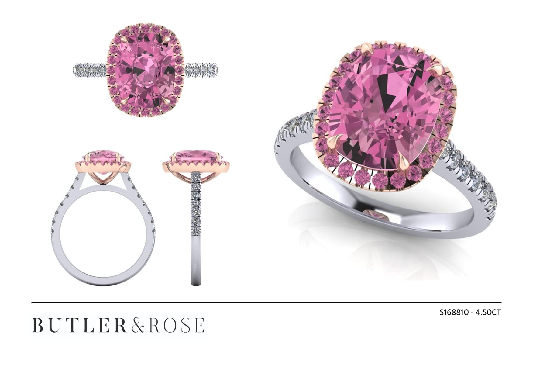 4.44cts Pink Tourmaline Royal Ring. Pink Tourmaline Cushion with Pink Sapphire Halo in Rose Gold and Diamond Set Platinum Band. Handmade luxury in the UK and Ireland for engagement rings, wedding bands, eternity rings and classic jewellery.