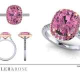 4.44cts Pink Tourmaline Royal Ring. Pink Tourmaline Cushion with Pink Sapphire Halo in Rose Gold and Diamond Set Platinum Band. Handmade luxury in the UK and Ireland for engagement rings, wedding bands, eternity rings and classic jewellery.