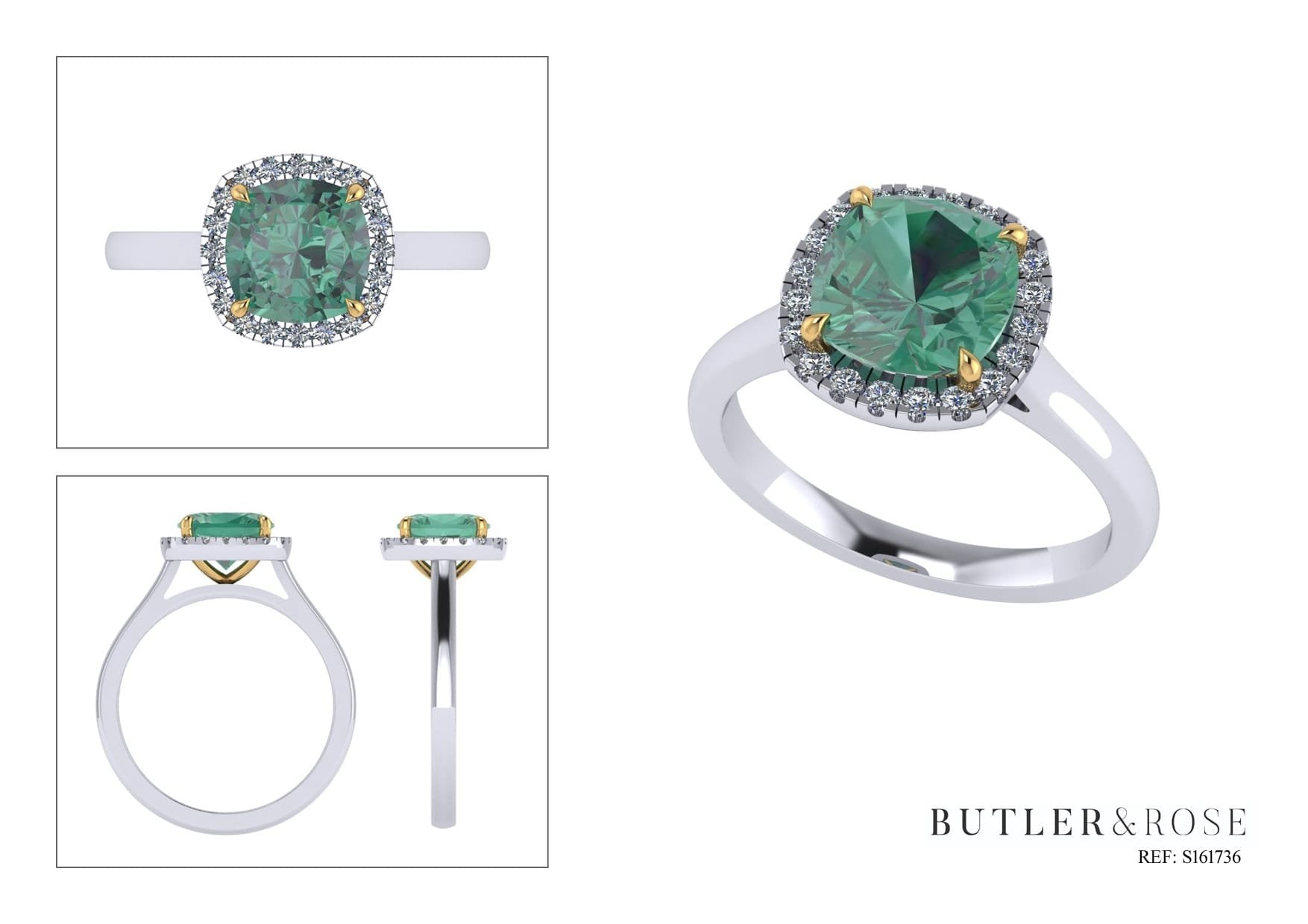 1.60cts Cushion cut green tourmaline set with 18ct yellow gold claws and a diamond halo in platinum. Handmade luxury in the UK and Ireland for engagement rings, wedding bands, eternity rings and classic jewellery.