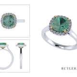 1.60cts Cushion cut green tourmaline set with 18ct yellow gold claws and a diamond halo in platinum. Handmade luxury in the UK and Ireland for engagement rings, wedding bands, eternity rings and classic jewellery.