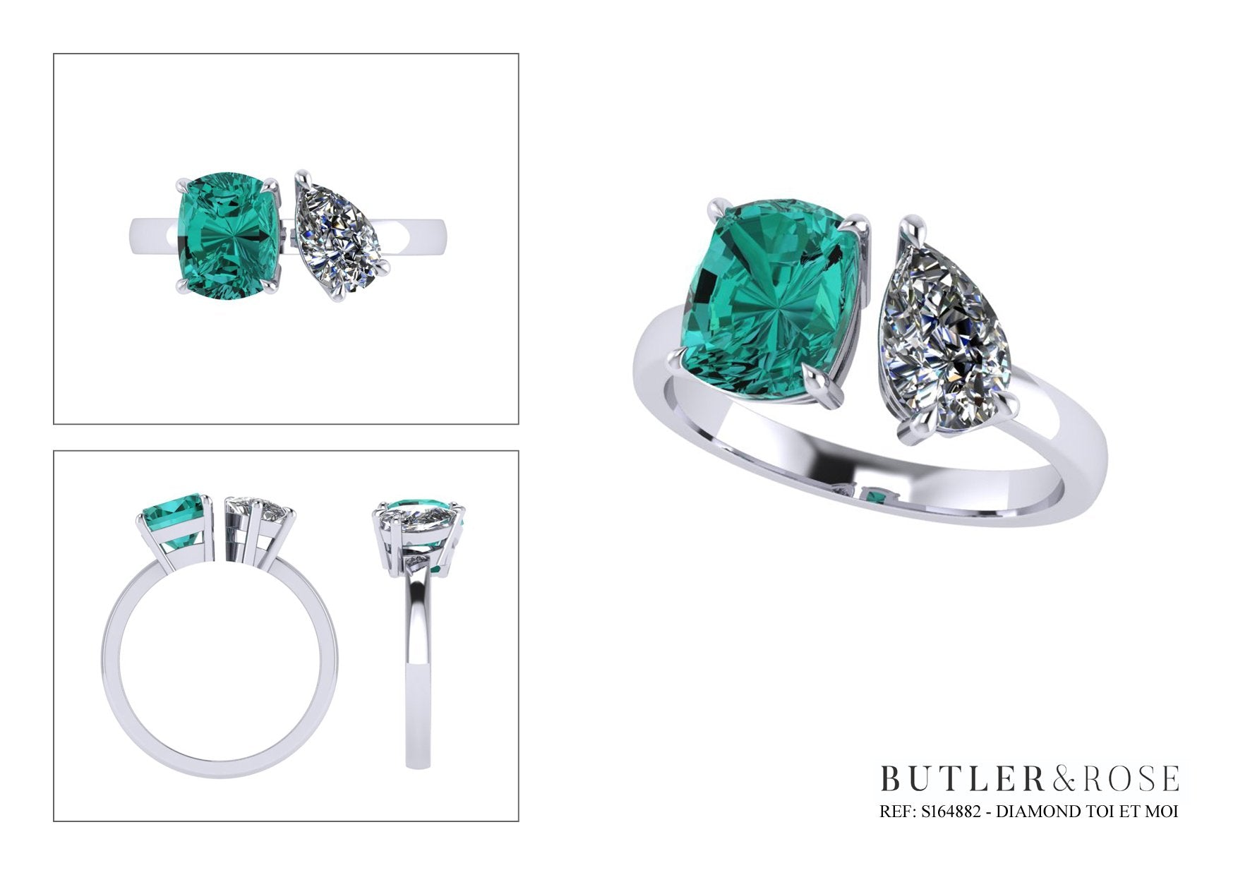 Toi et Moi with a green cushion cut tourmaline and pear cut diamond with platinum claws on a platinum band. Handmade luxury in the UK and Ireland for engagement rings, wedding bands, eternity rings and classic jewellery.