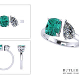 Toi et Moi with a green cushion cut tourmaline and pear cut diamond with platinum claws on a platinum band. Handmade luxury in the UK and Ireland for engagement rings, wedding bands, eternity rings and classic jewellery.
